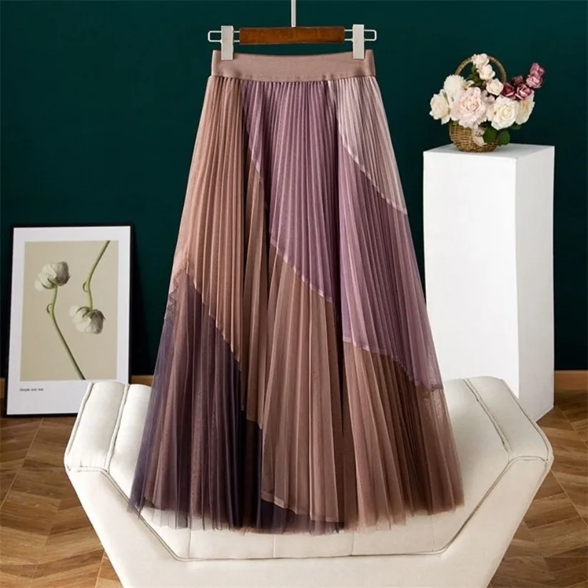 Gauze Patchwork Pleated Midi Skirts Spring Summer Fashion Streetwear Casual Elastic High-waisted Women's Skirt 220322