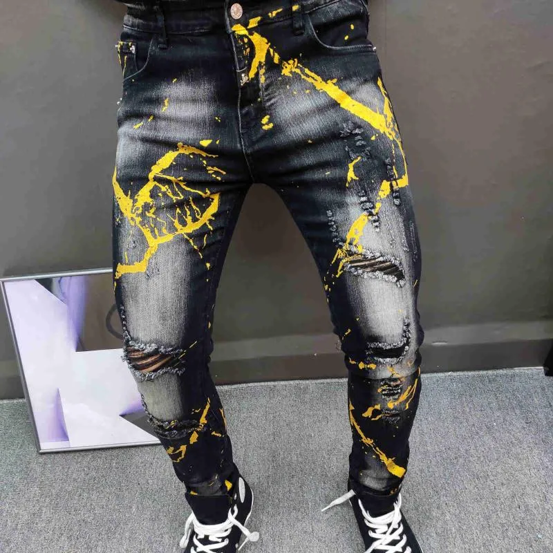 Men's Jeans Black Gold Paint Print Men European Street S Pant Hip Hop Motorcycle Pants Denim Fashion Graphic Trendy Jean Homme