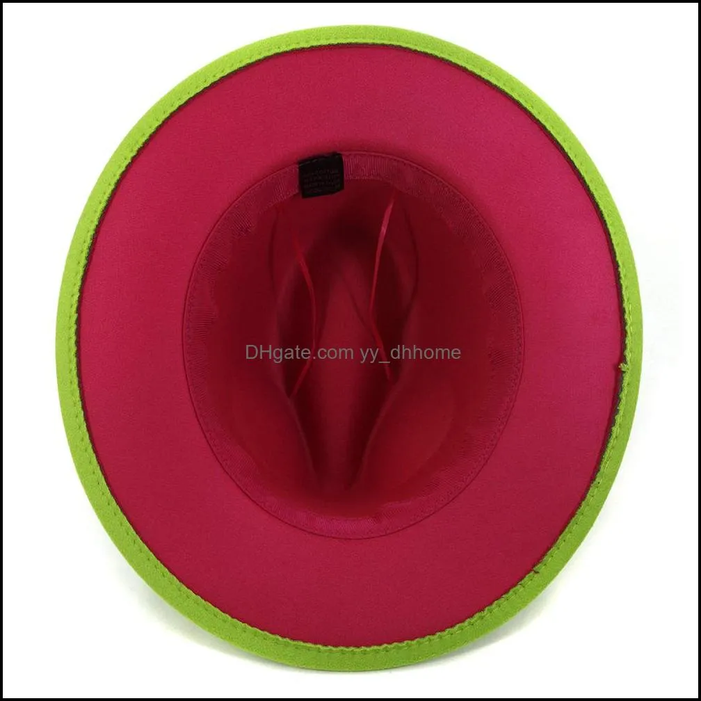Lime Green and Hot Pink Patchwork Jazz Felt Hat Women Man Wide Brim Faux Wool Panama Fedora Hats with Felt Band Trilby Cap