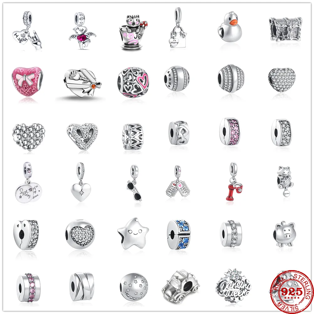 925 Silver Fit Pandora Charm 925 Pulsera Día de San Valentín Charm Love Heart Clip Rose charms set Colgante DIY Fine Beads Jewelry