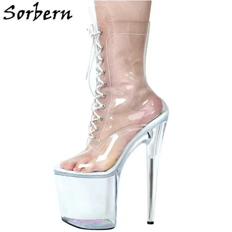 Sorbern Clear Transparenta Kvinnor Stövlar 20cm Stripper Heels Pole Dance Booties Lace Up Se Thorugh Perspex Heel Multi Colors