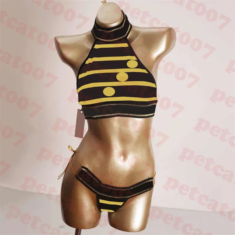 Kvinnor Bikinis Set Retro Thong Swimwear Gold Print Swimsuit Sexig halterbaddräkt