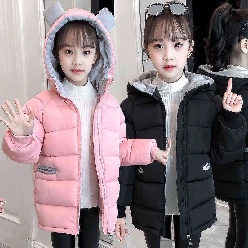 2022 New Big Size Teenager Winter Cute Girls Coat Thick Warm Rabbit Ears Lined With Fleece Hooded Outerwear Jacket For Kids J220718