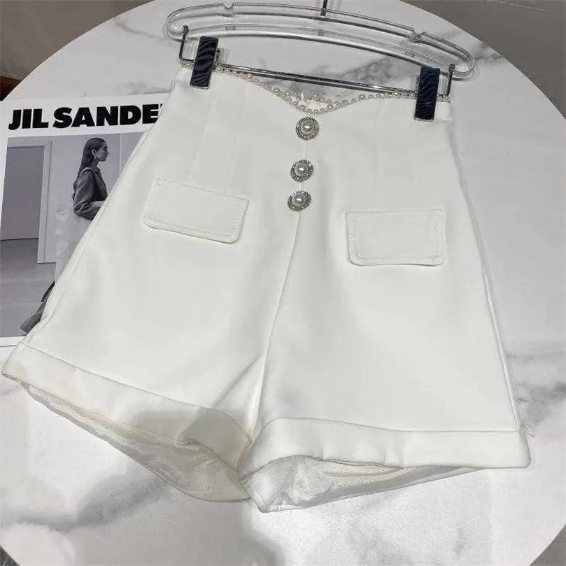 Deat Women Pearl Edge Single Breasted Temperament Wide Ben Shorts Solid Color High midje Fashion Spring Summer 11B638 210709