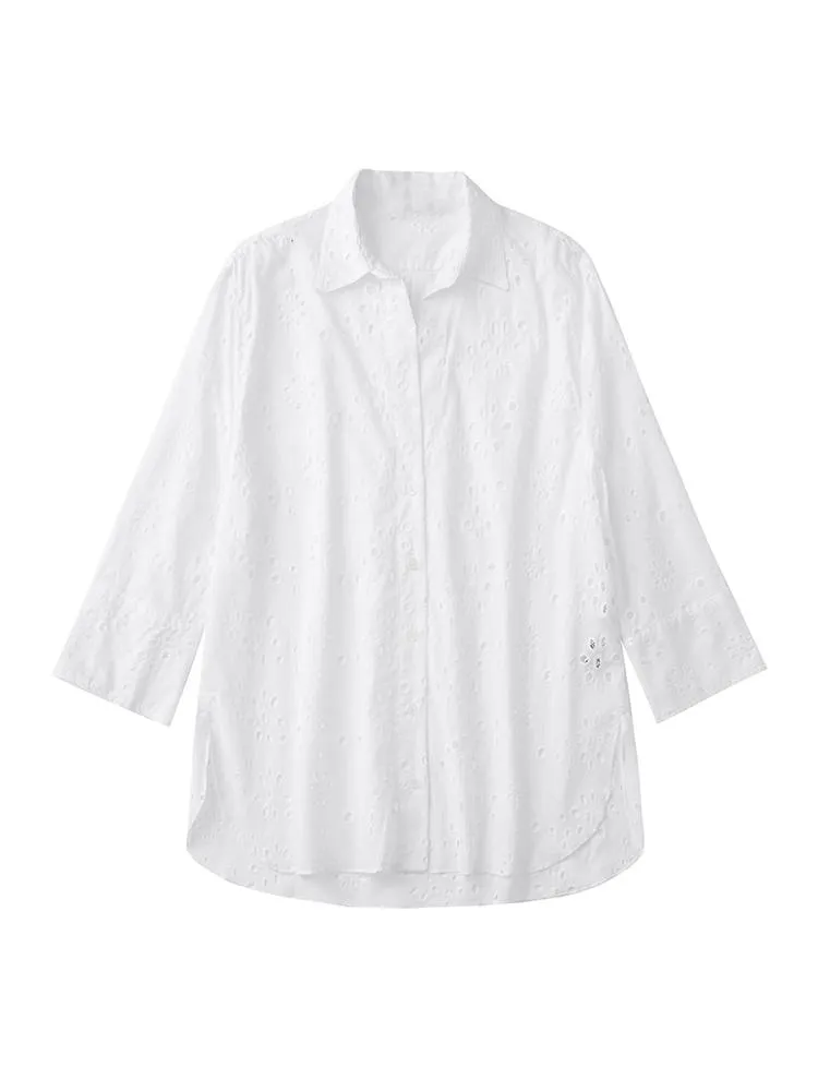 Camicette da donna Camicie da donna 2022 Top a maniche lunghe Camicia con ricamo a intaglio vintage Scollo a V Colletto abbottonato Cotone oversize Bianco Sh