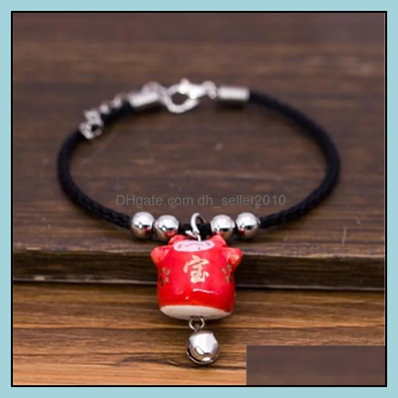 new cute lucky cat ceramic beads safe bracelet red rope bangle handmade fashion jewelry adjustable length