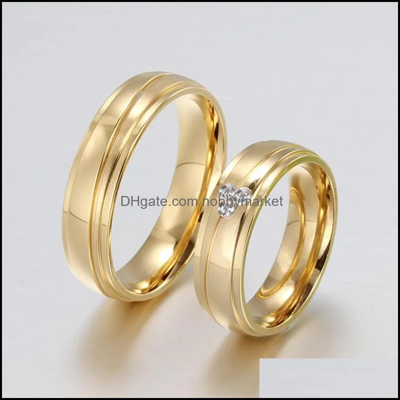 Wedding Rings Fashion Gold-Color Couple + Cubic Zirconia Stainless Steel Engagement Ring For Women Men