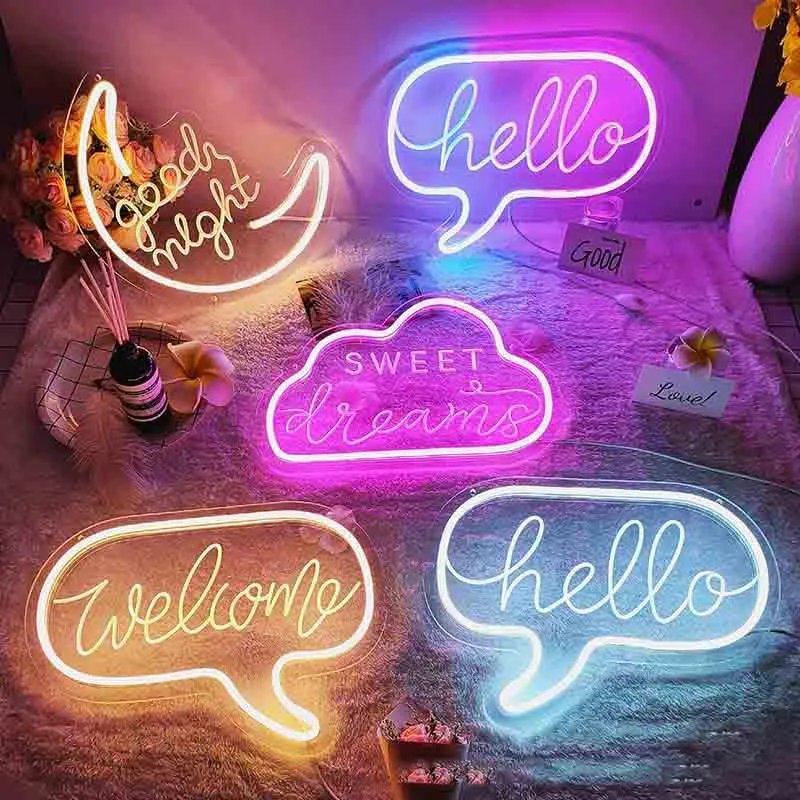 LED Neon Lamp Moon Good Night Dream Happy Birthday Neon Signs Hello Sunshine Acrylic Room Decoration Light Wall Decor Lights