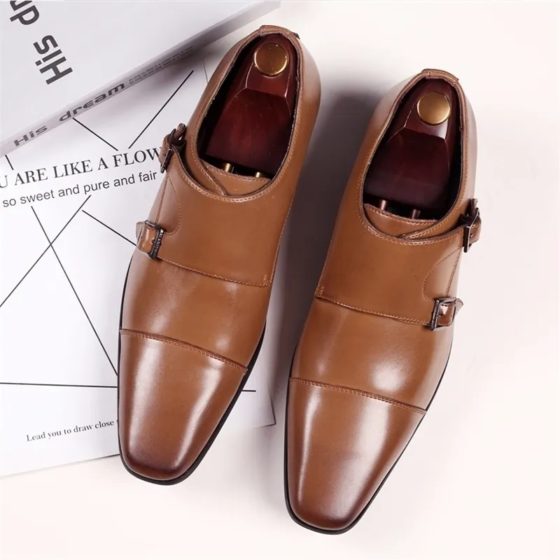 Newest Men's Double Monk Strap Oxford Leather Mens Square Toe Classic Dress Shoes Casual Comfortable Gradual Color Loafer Y200420