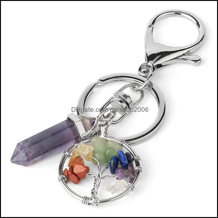 natural stone tree of life key rings fluorite hexagonal prism keychains healing rose crystal car decor keyholder for women carshop2006