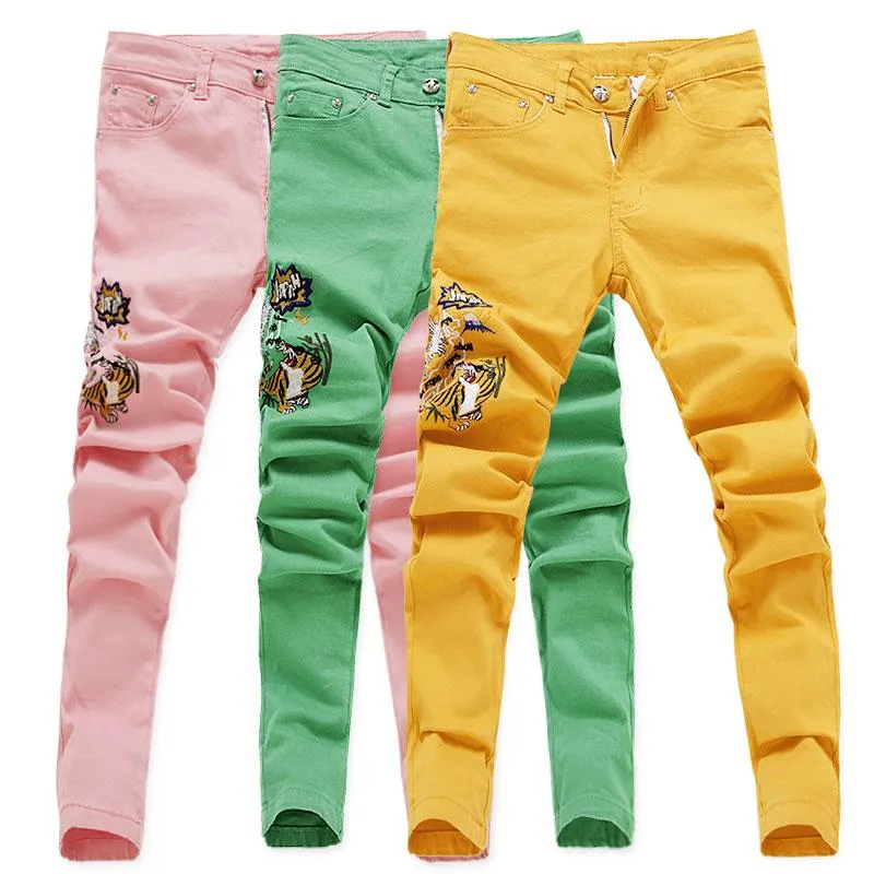 Men's Jeans Fashion Ripped Men Embroidery Skinny Pants Man Spring Summer Yellow Green Pink Demin Plus SizerMen's