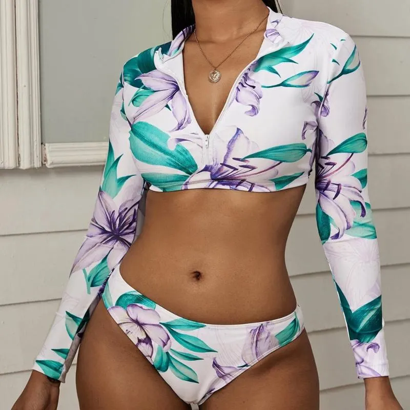 Traje de baño Sexy de cintura alta para mujer, conjunto de Bikini con cremallera, Bandeau, manga larga, estampado Floral, traje de baño, ropa de playa, Biquini