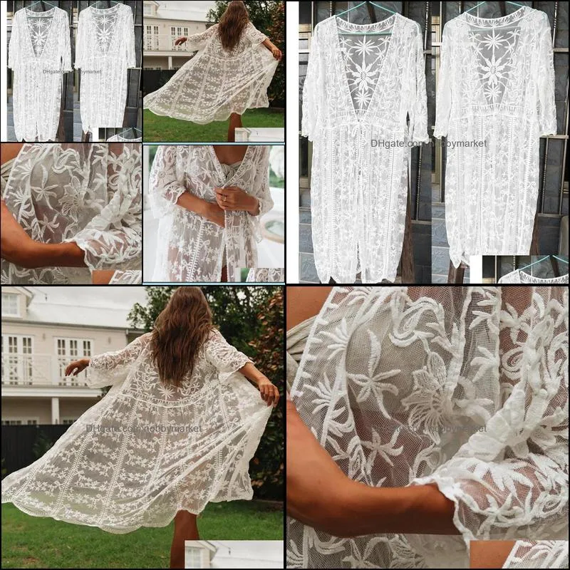 White Mesh Cover Embroidery Lace Beach Up Vestido Playa Kaftan Robe De Plage Pareo Bikini Tunics Sarongs