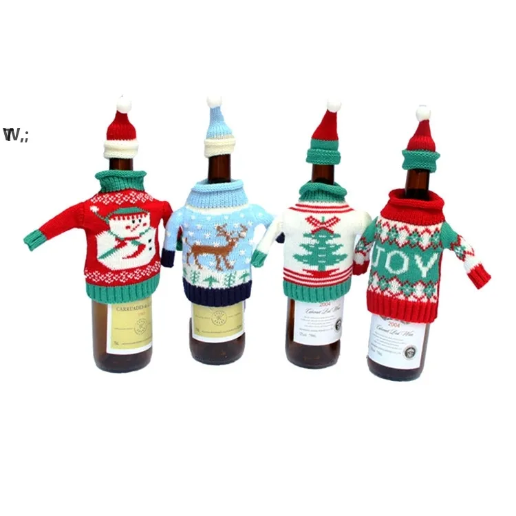 نوادي الأزياء زجاجة النبيذ عيد الميلاد محبوك سترة قبيحة يغطي اللباس مجموعة سانتا النبيذ زجاجات أكياس عيد الميلاد حزب ديكورات GCB15151