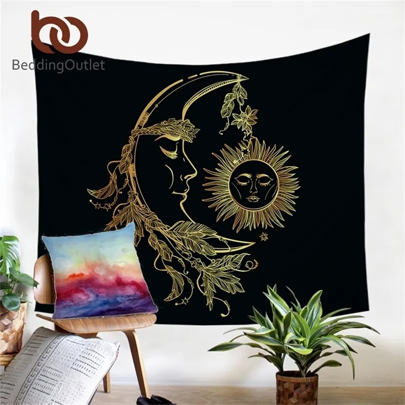 Beddingoutlet Gold Moon Accompanys Sun Tapestry Bohemian Wall Hanging Retro Fabric Home Decor Bed Sheet Luxury Beach Mat T200601