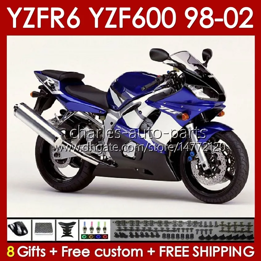 Bodys-kit voor Yamaha YZF R6 R 6 YZF600 600CC 98-02 Bodywork 145No.0 YZF 600 CC YZF-600 YZFR6 98 99 00 01 02 Frame YZF-R6 1998 1999 2000 2000 2000 2002 Volledige Fairing Factory Blue