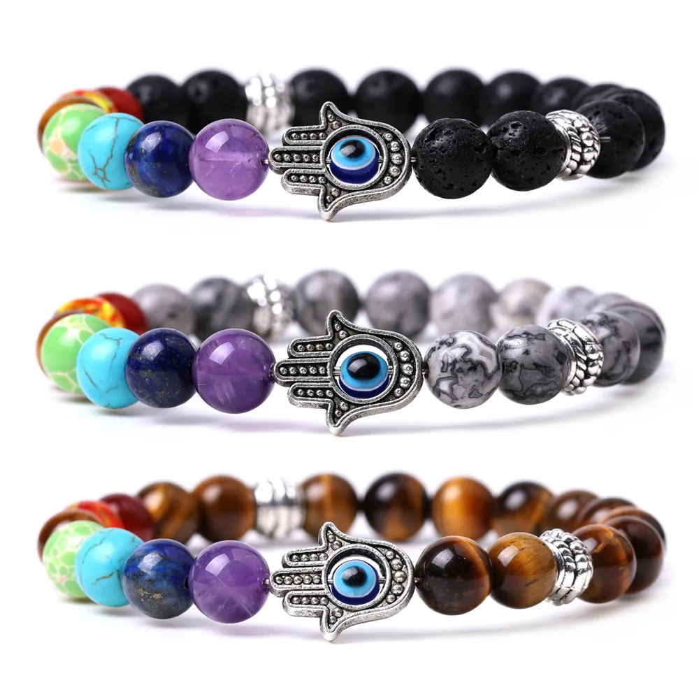 Perlen 7 Chakra Stein Armband Strang Hand Charm Yoga Amethyst Howlith Lapis Tigerauge Edelstein Perlenarmbänder für Männer Frauen Modeschmuck