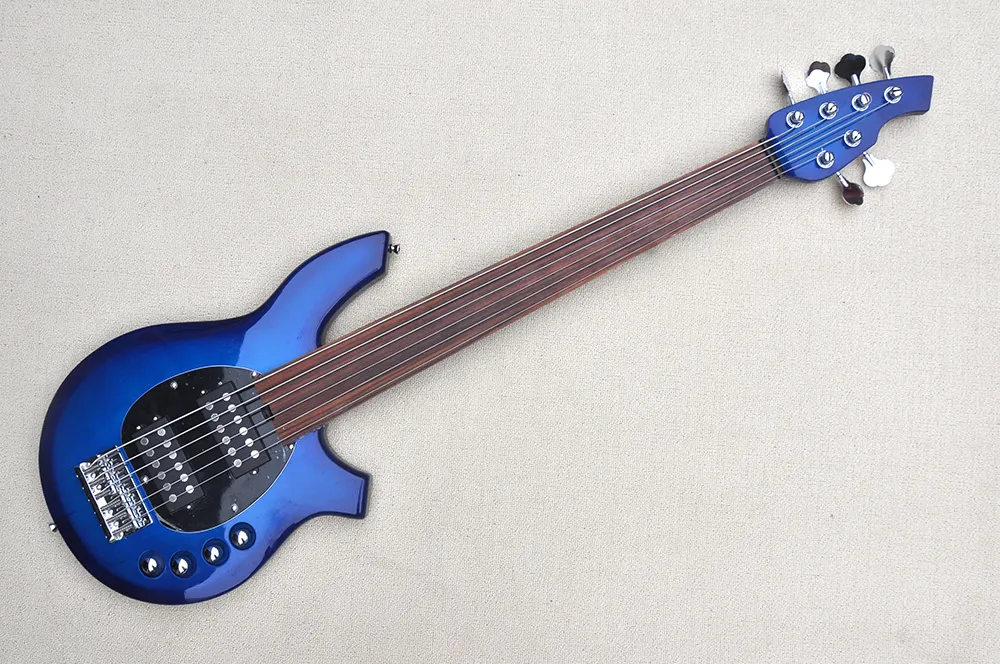 Guitare basse électrique 6 cordes bleue personnalisée en usine avec touche en palissandre noire Fretless Offre Customi