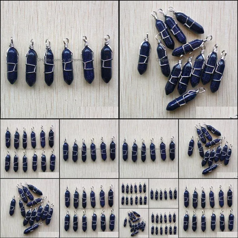 blue sand stone pillar shape point pendulum charms handmade iron wire pendants for fashion jewelry making wholesale