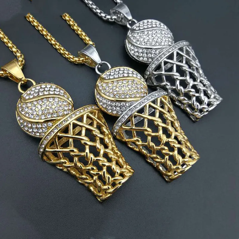 Mens Gold Silver Basketball Sports Net Frame Charm Necklace Stainless Steel Creative Design With Crystal Rhinestone Gothic Pendant Hip Hop Jewelry For Boys