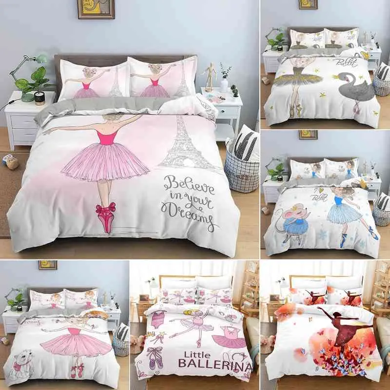 Cartoon Ballet Duvet Cover Set Princess Style Dancing Girl 3d Print King Queen Full Size for Girls Women Teen Dancer Bedding