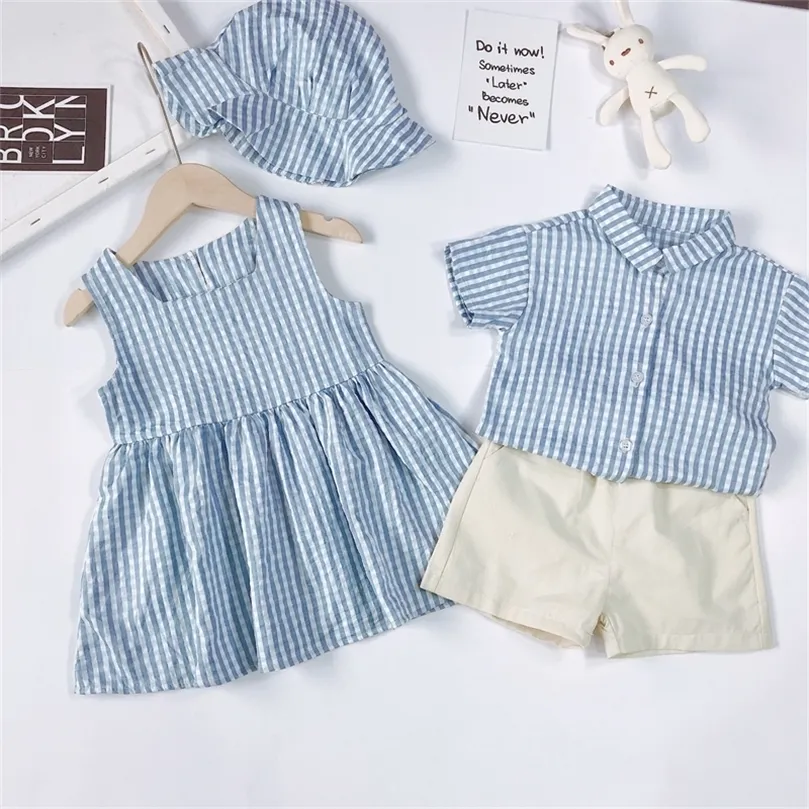 Brother And Sister Suit Kids Lattice Set Boys Gentleman SuitGirls Princess Dress Toddler Party Clothing Family Outing Clothes 220531