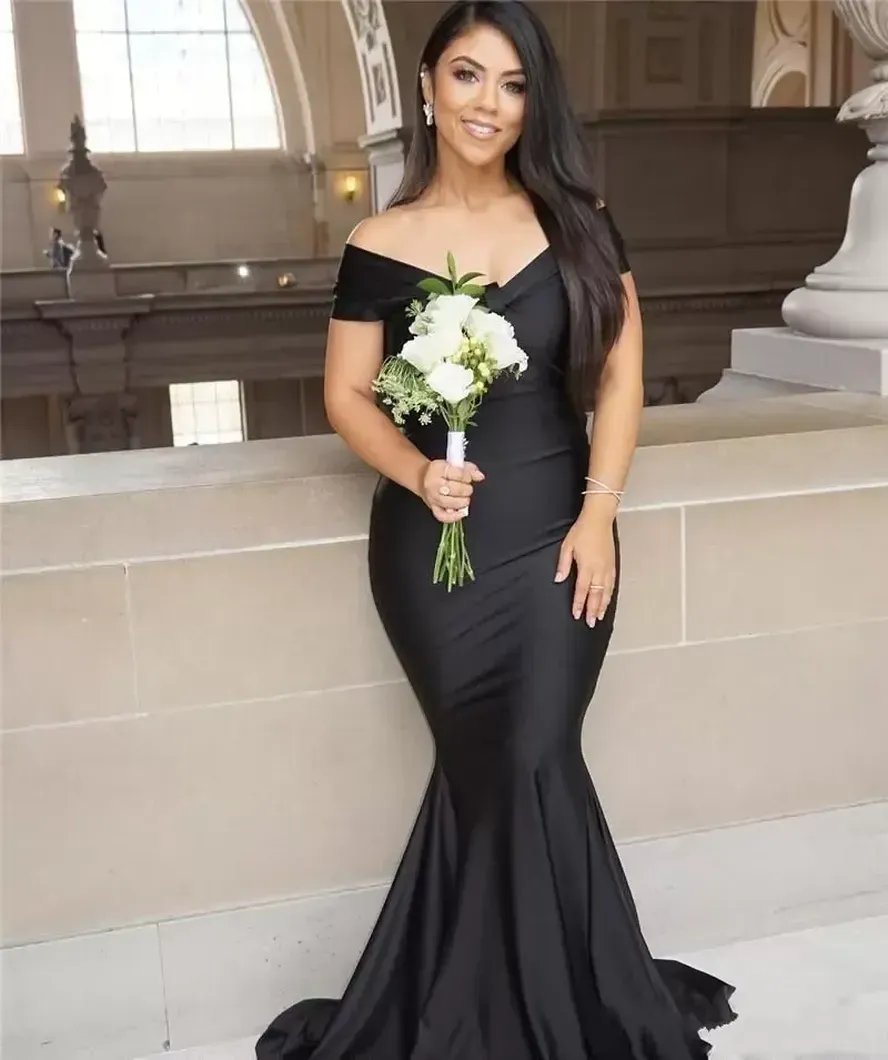 In Stock Black Mermaid Long Bridesmaid Dresses Plus Size Off Shoulder Floor length Garden Maid of Honor Wedding Party Guest Gown BC01214