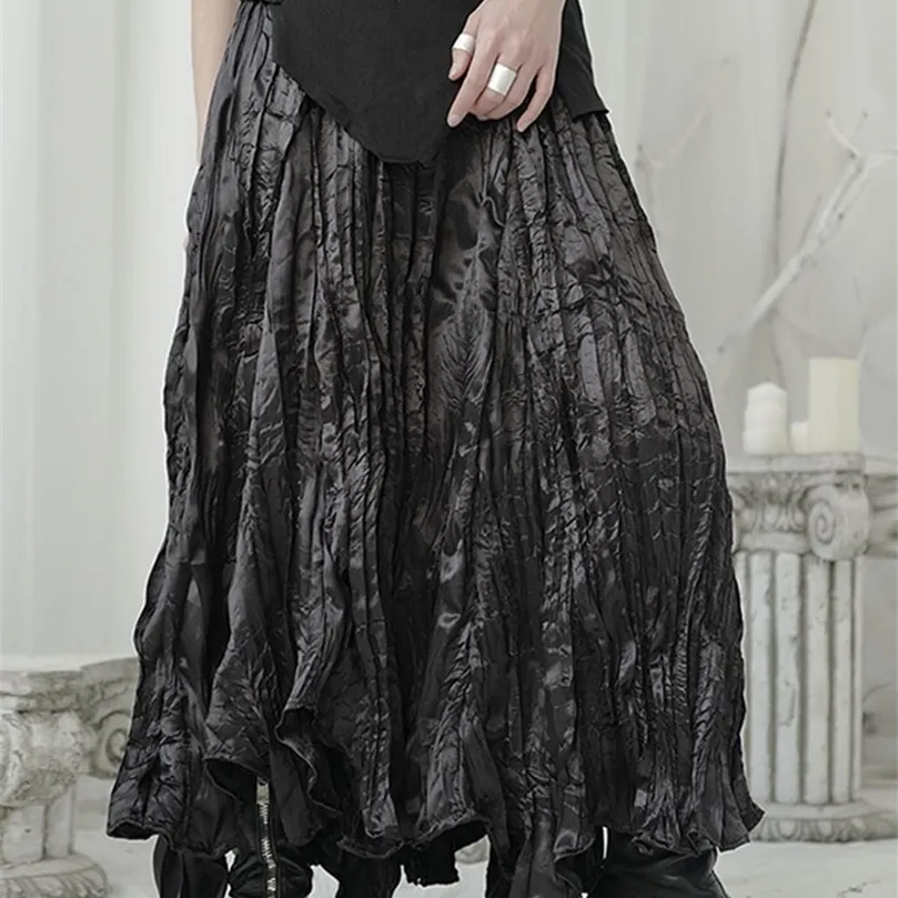 [EAM] Wysoka elastyczna talia czarny plisowany nieregularny długi temperament półprzestrzenny spódnica kobiet moda wiosna jesień 1U965 220317