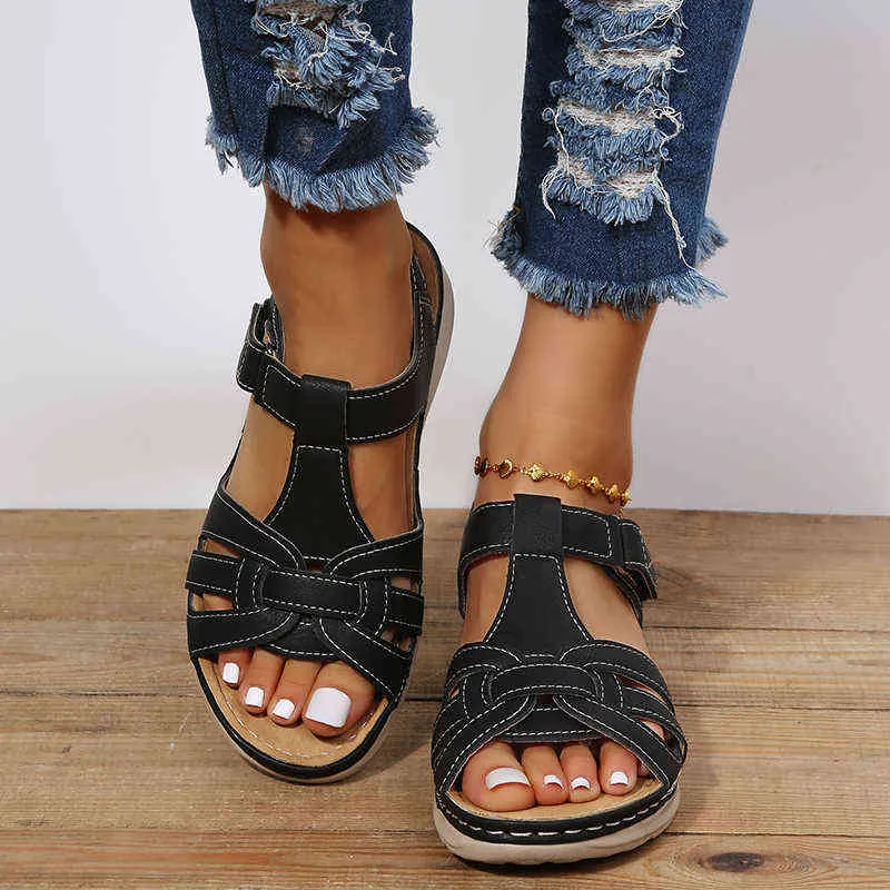 Femmes d'été sandales à plate-forme compensée Premium orthopédique femme Vintage sandales à bout ouvert antidérapant en cuir chaussures à plate-forme décontractée J220716