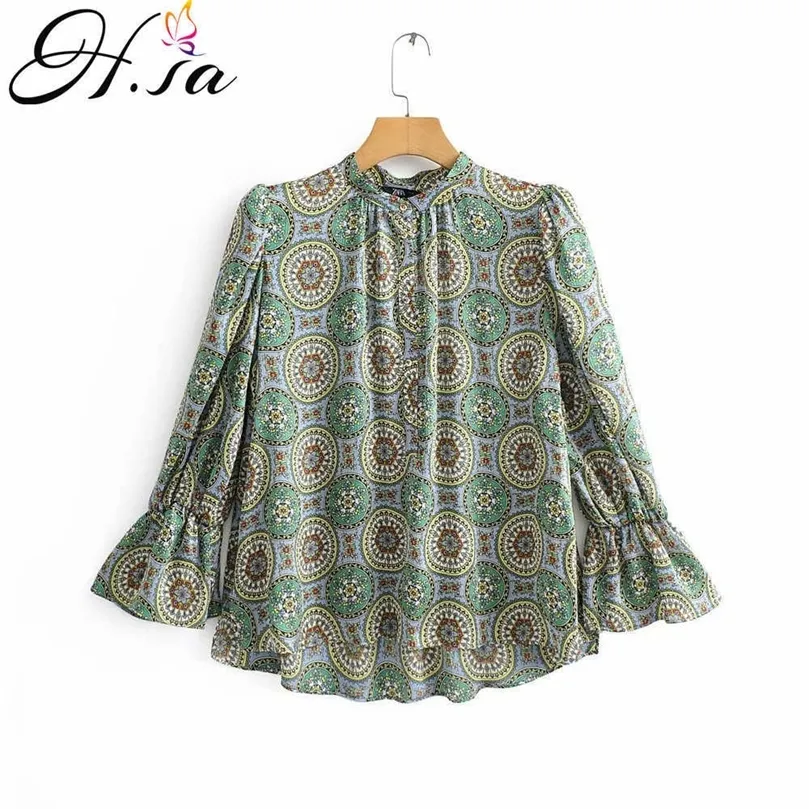 HSA Summer Blouse for Women Green Vintage Loose Tops Oneck Circle Printed Summer Shirts Floral Printed Fashion Jumpers 210716