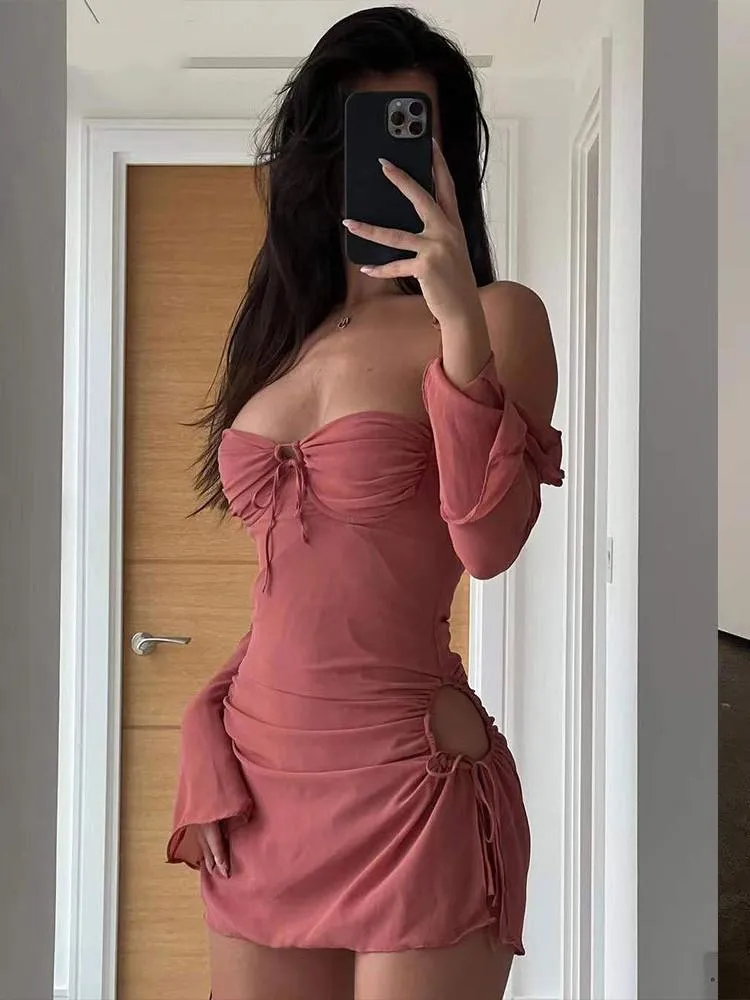 Casual Dresses Elegant Baby Pink Cutout Halter Mini Dress for Women 2022 Club Party Sexy Drawstring Mesh Ruched Clothes Vestidoscasual