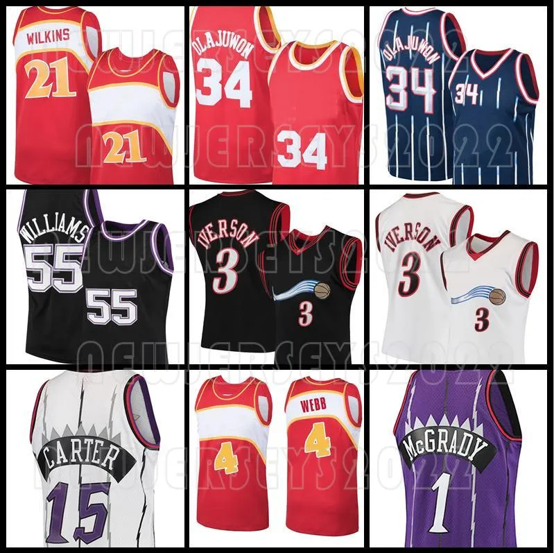 Retro Mesh Atlantas Hawk Philadelphias 76er Houstons Roket Basketbol Formaları Hakeem 34 Olajuwon Vince 15 Carter Allen 3 Iverson Tracy 1 McGrady Spud 4 Webb