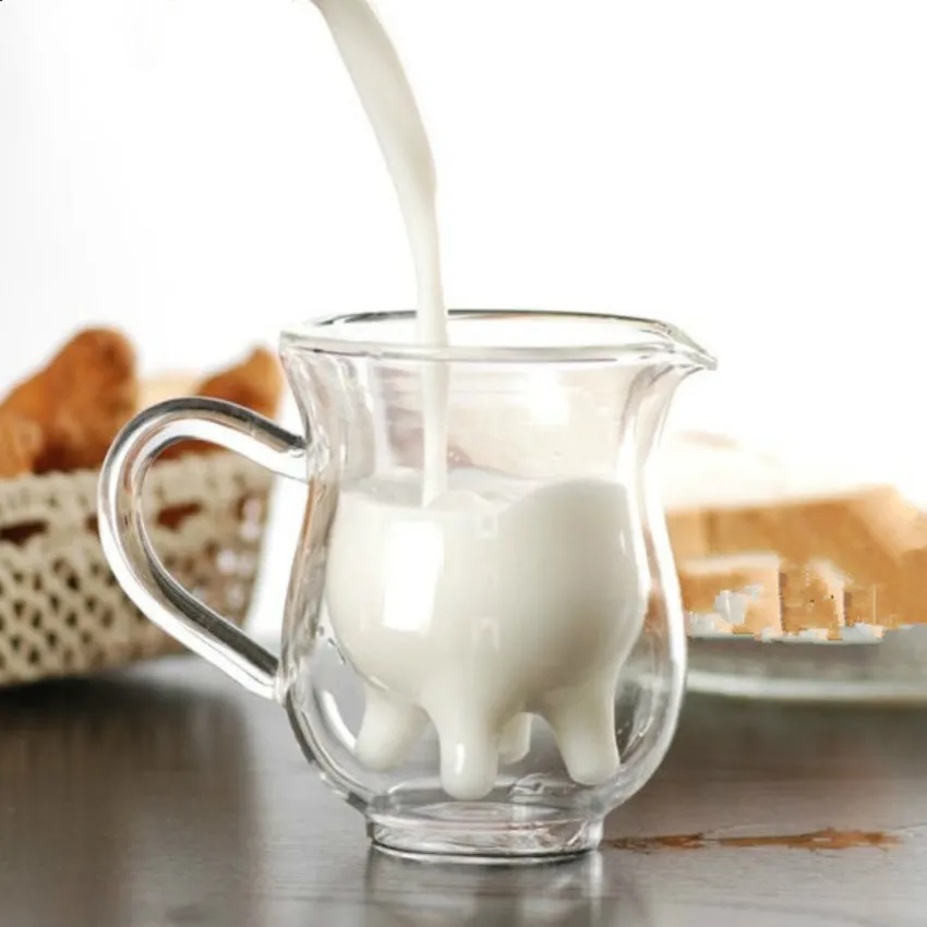 Tasse à crème en verre Double couche de vache créative, joli pichet à lait, jus de thé, café, tasse en verre transparent, pichet à mousseur à lait, 250ml