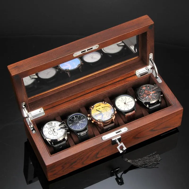Watch Boxes & Cases 5 Grids Wooden Box For Men With Glass Top Brown Color Lockable Storage