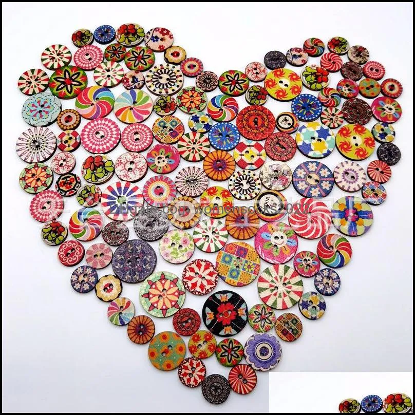 Sewing Notions Mixed Random Flower Painting Round 2 Holes Vintage Wood Buttons for DIY Scrapbooking Crafts Clothing Accessories 20mm