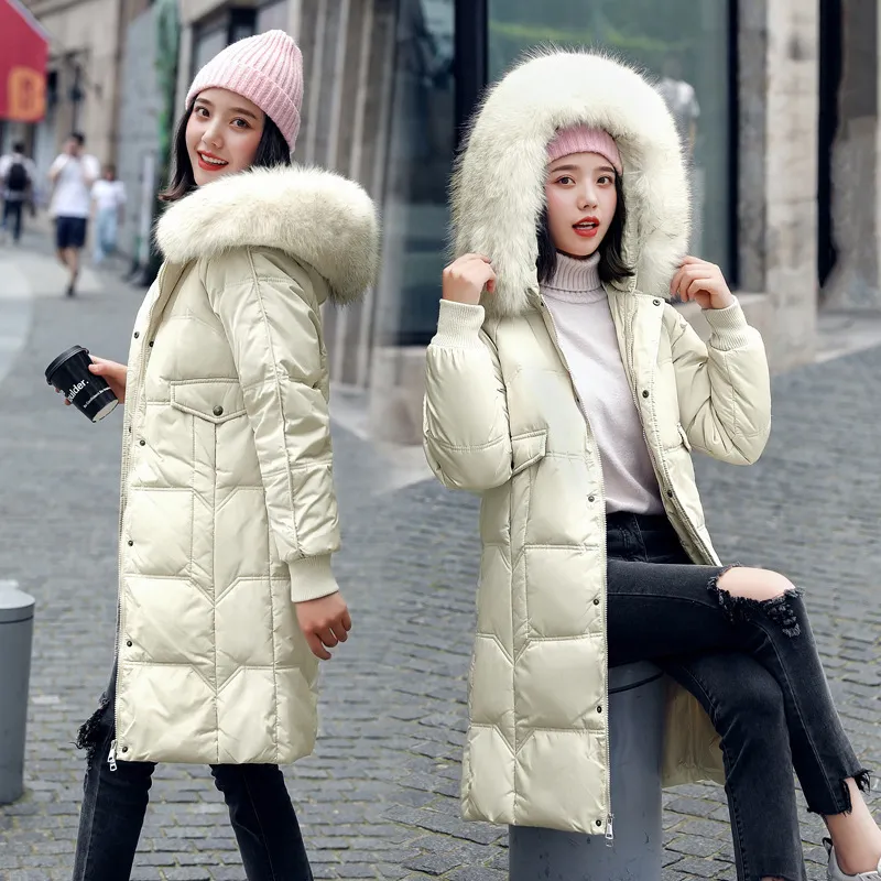 winter 100% white duck down jacket natural fur collar long slim body beauty ladies 201103