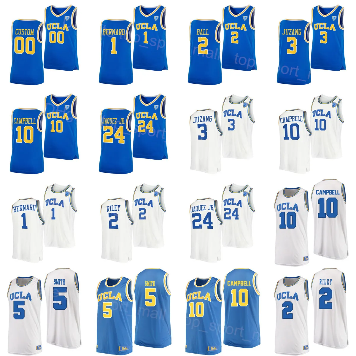 NCAA Basketball College UCLA Bruins Jersey 3 Johnny Jezang 24 Jaime Jaquez JR 1 Jules Bernard 10 Tyger Campbell 2 Cody Riley 5 Chris Smith University Team Blue White