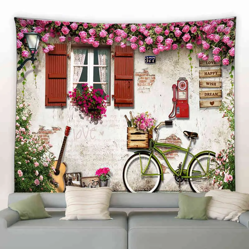 Flores de pared de piedra vintage tapiz rosa rosa bicicleta retro retro teléfono rojo paisaje de la calle europeo decoración del hogar mural colgante j220804