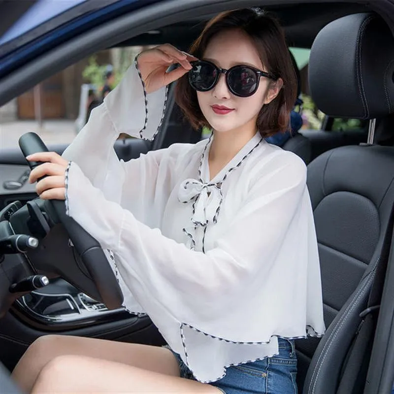 2022 Summer Women Cycling Driving Sleeve UV Proof Korean Chiffon Sunscreen Sunshade Lady Shawl Cloak Poncho Capes Green