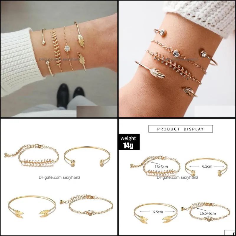fashion geometric gold color crystal leaf bracelet set for women opening adjustable bracelets bangle party jewelry