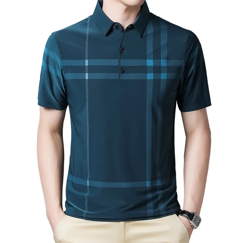 Browon negócios polo camisa masculina verão casual solto respirável antirrugas de manga curta xadrez camisa polo masculino topos 220608