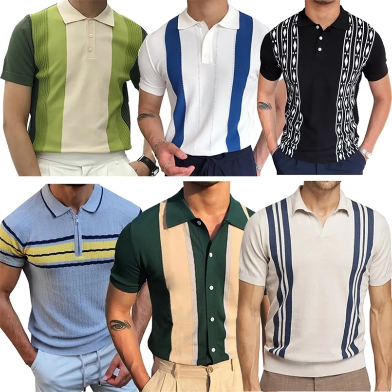 Style Men Luxury Polo Knited Summer Short Sleeve Randig Color Contrast Dropship Stilse Fit Golf Male Polo Shirt 220623