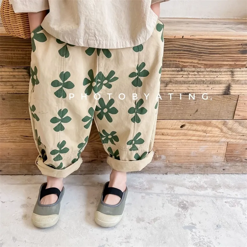 Spring Children Casual Pants Girls Fashion Flower Print Harem Kids Loose Trousers Vintage Boys Clothes 220620