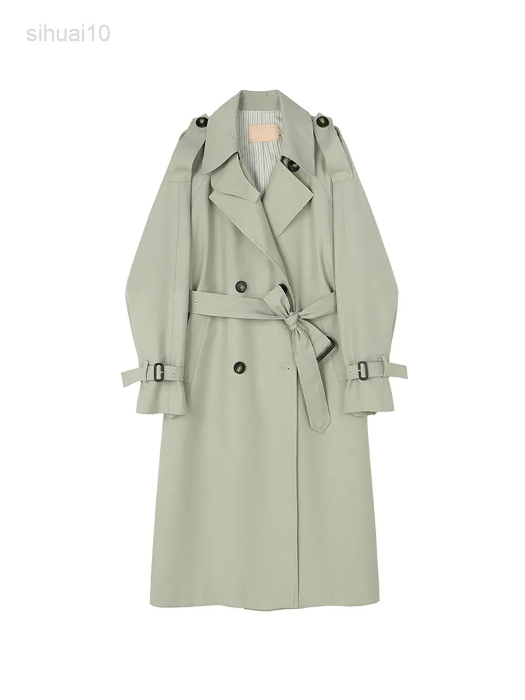 Gröna långa kvinnor Trenchrock Autumn Winter Slå ner krage Kvinnor Kläder Kausal Full Sleeve Belt Trench L220725