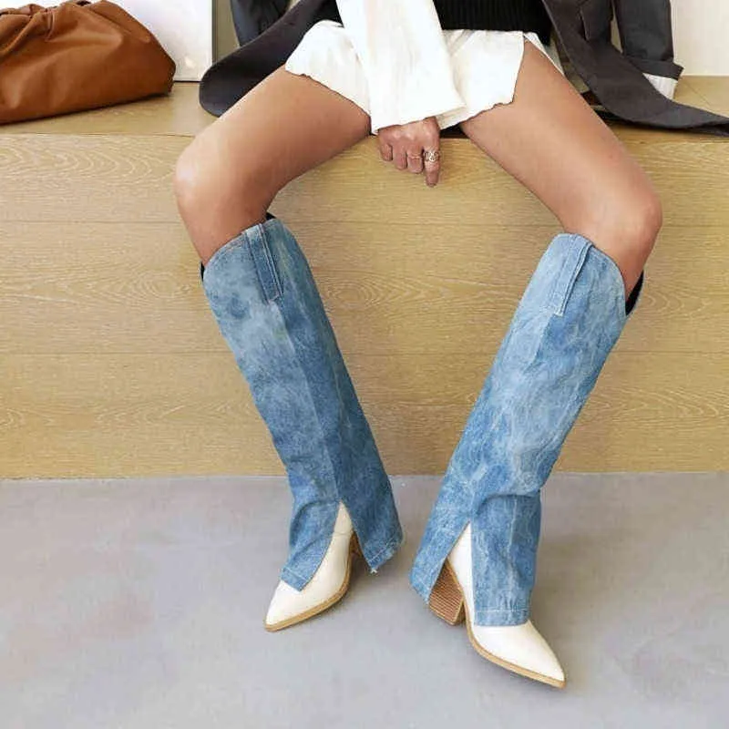 Blue Denim Jean Boots for Women Knee High Breaters Botas Slit Cut Long Cowboy Boots Fashion Ladies Med Ederize Shoes 43 T220813