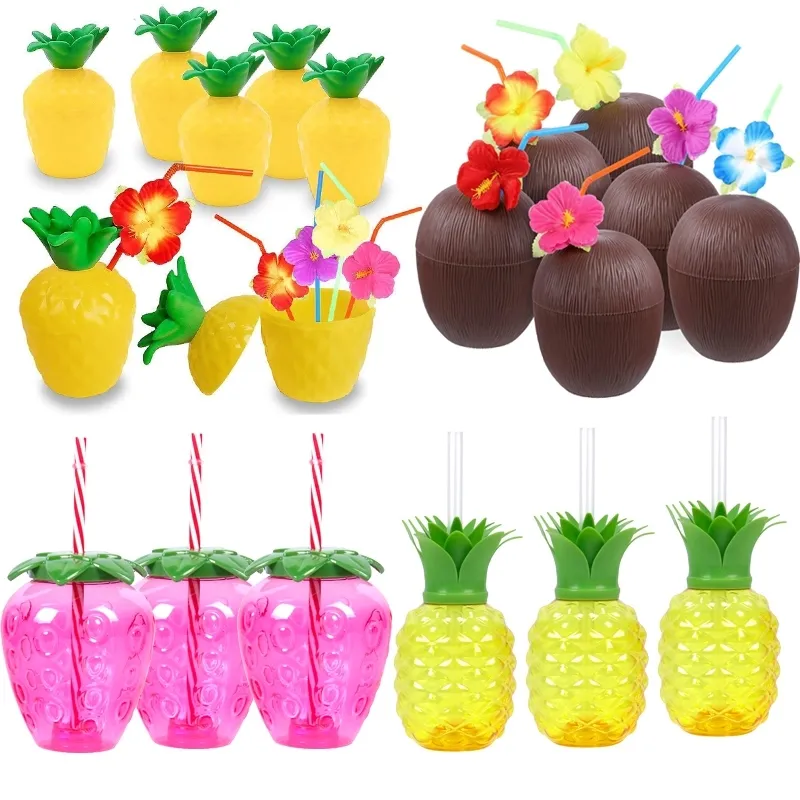 6/12 Stück Hawaii tropische Ananas Erdbeere Kokosnuss Tasse Luau Flamingo Geburtstag Hochzeit Dekoration Sommer Strand Party