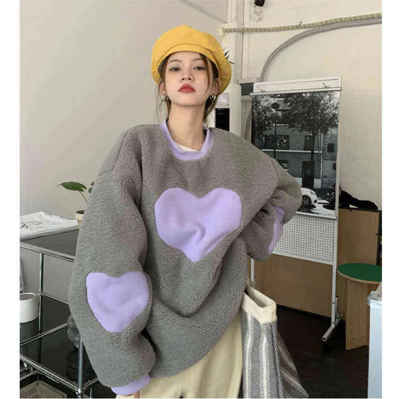 Koreaanse lambzool sweatshirt voor dames dikker Warm Hoodies Paarse Love Sweet Cute Cute Outerwear Tops pullovers kleren T220726