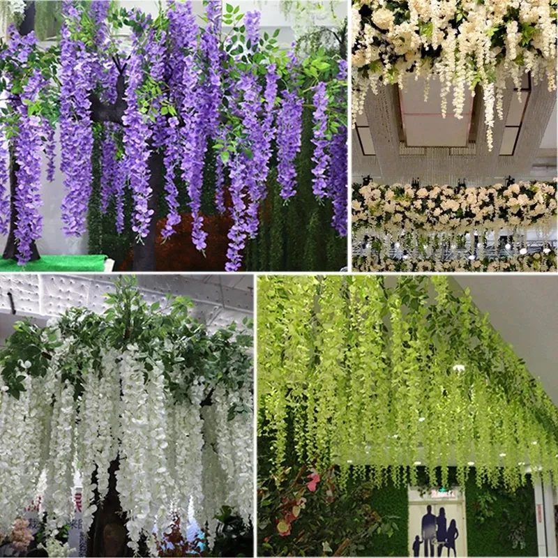 Fiori artificiali di seta viola Wisteria Vine Garland Arch Decorazione per matrimoni Casa soggiorno da giardino Decoraggio piante sospese F0810