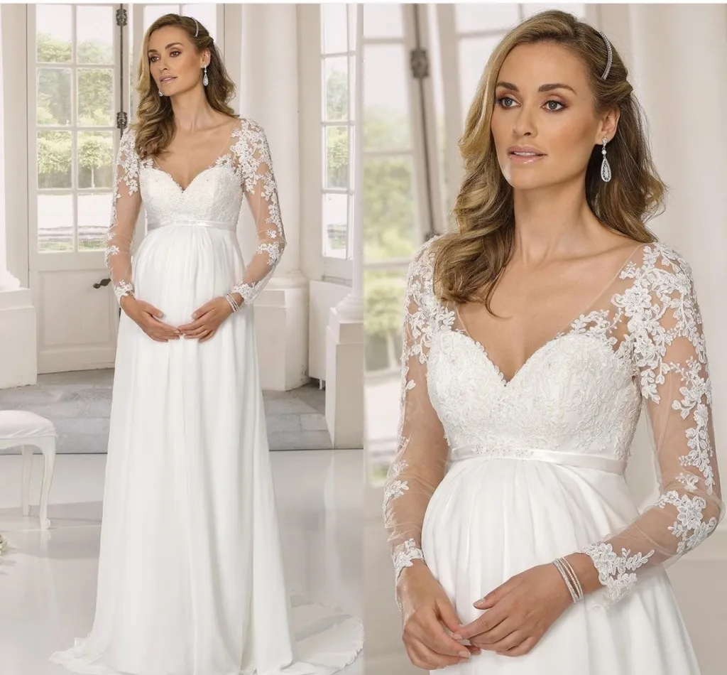 Plage Enceinte Robe De Mariée En Mousseline De Soie Col En V Robes De Mariée Empire À Manches Longues Etage Longueur Dentelle Appliques Vestidos Robe De Mairee