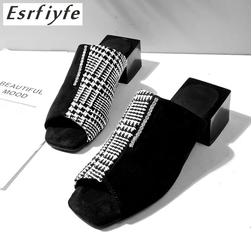 ESRFIYFE Big Size 3448 Summer Women Slippers Square High Heels Open Toe Shoes Woman Top Quality Casual Women Mules Y200423